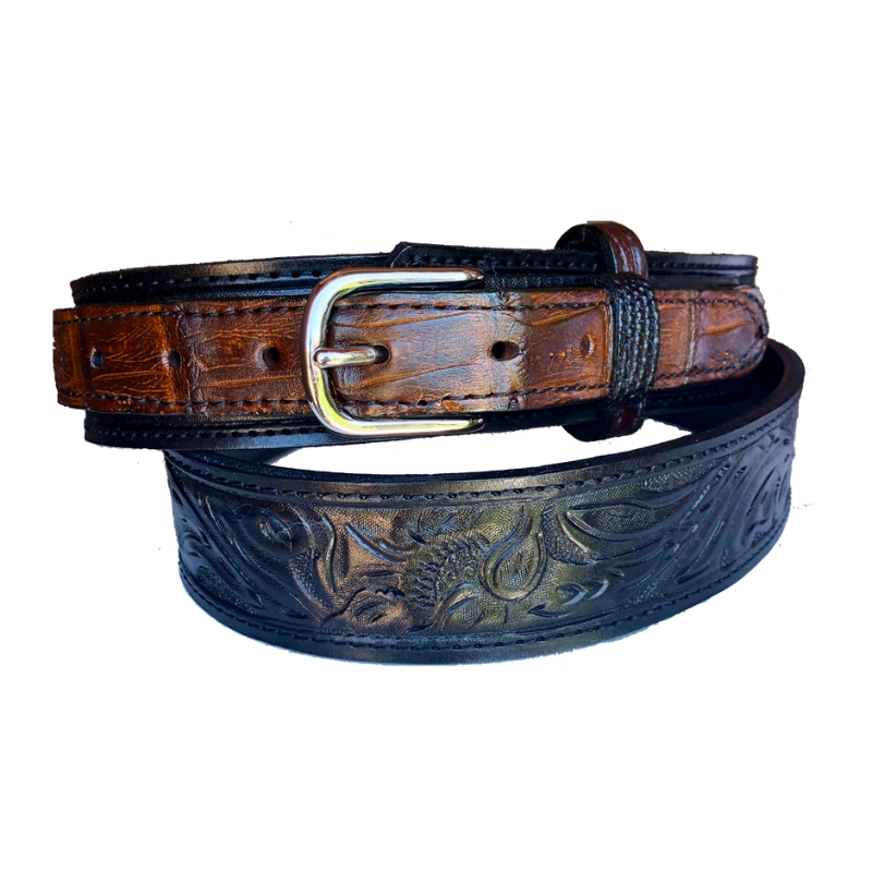 Dark-Russet-Hand-Carved-Leather-and-Black-Alligator-Belt-Rolled-form