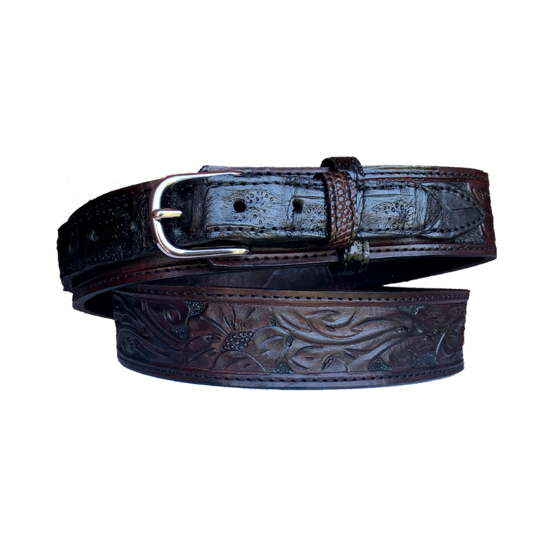 Dark-Russet-Hand-Carved-Leather-and-Black-Alligator-Belt